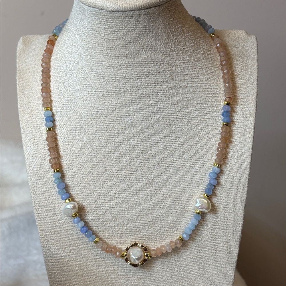 Genuine Aquamarine Sunstone Pearl Gemstone Necklace Stainless Steel